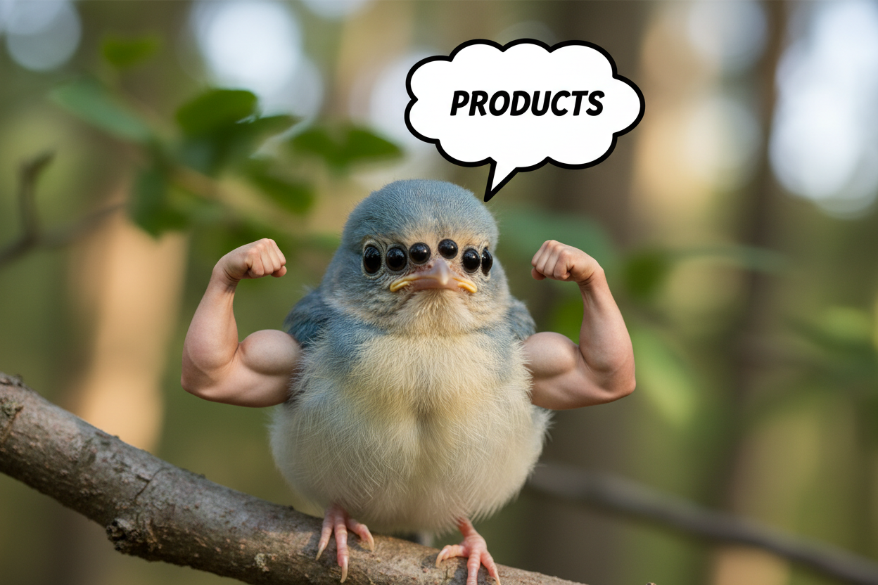 I want a semi basic photo of a baby bird with four eyeballs and no wings.Instead, he's got tiny buff arms, and he's saying the word products