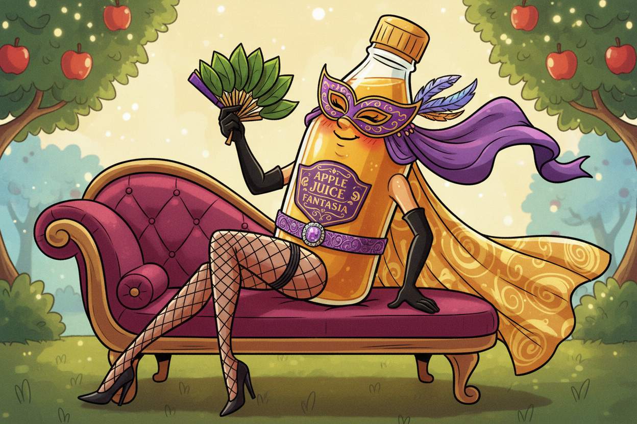 I want you to make a sexy bottle of apple juice.Look seductive with fishnets and a masquerade mask.On